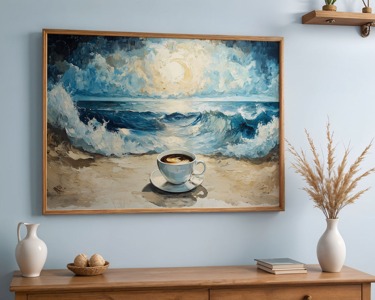 A4 Poster Landscape - Oil-style artwork of coffee on beach with luminous sky and white foam