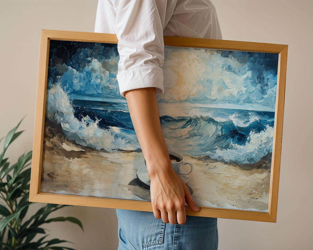 A4 Poster Landscape - Serene seaside composition with cup of coffee and rolling ocean waves