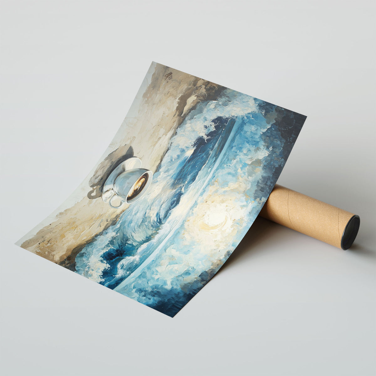 A4 Poster Landscape - Dreamlike beach scene with warm coffee cup and swirling seascape