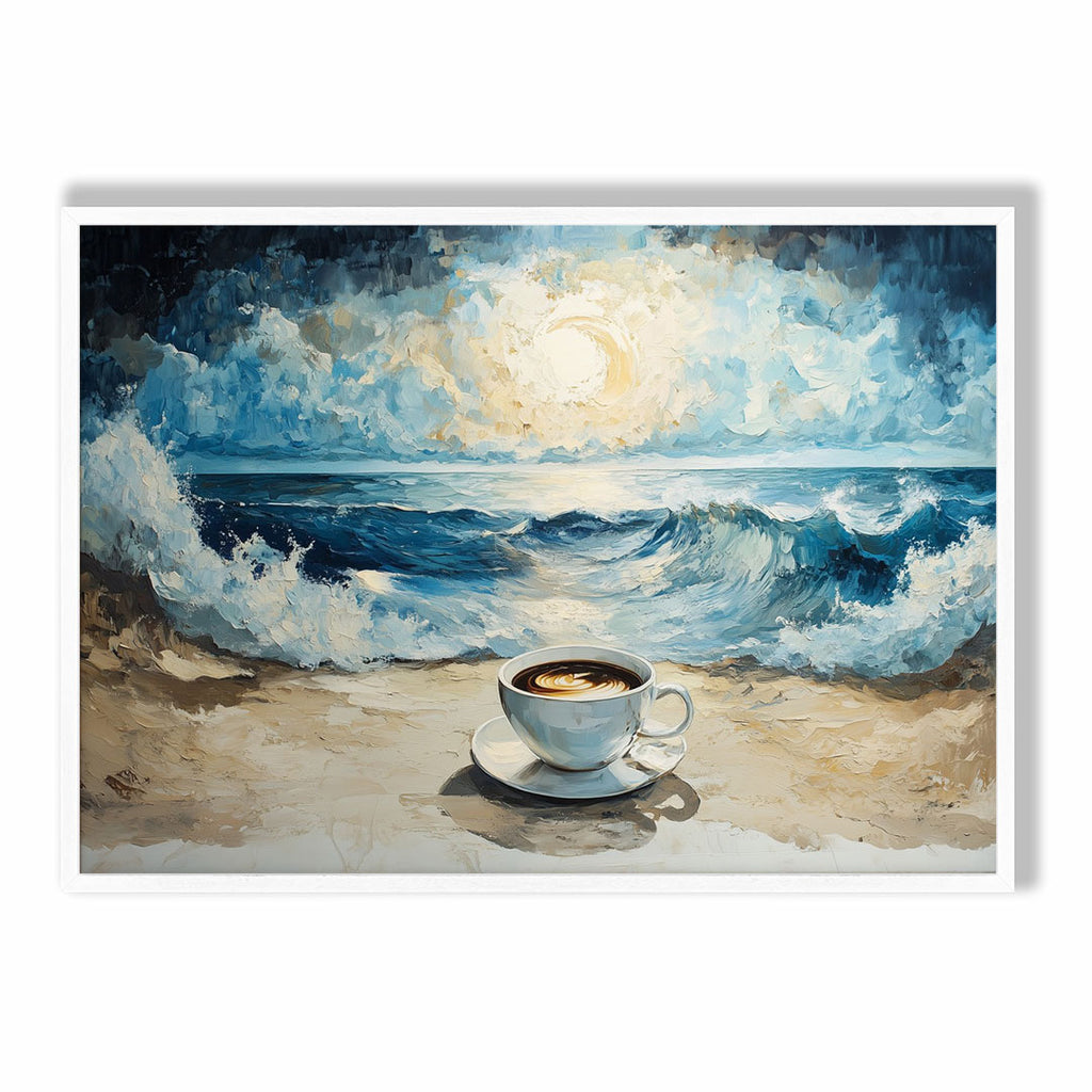 A4 Poster Landscape - Artistic coastal view featuring coffee and dramatic cloudy seascape