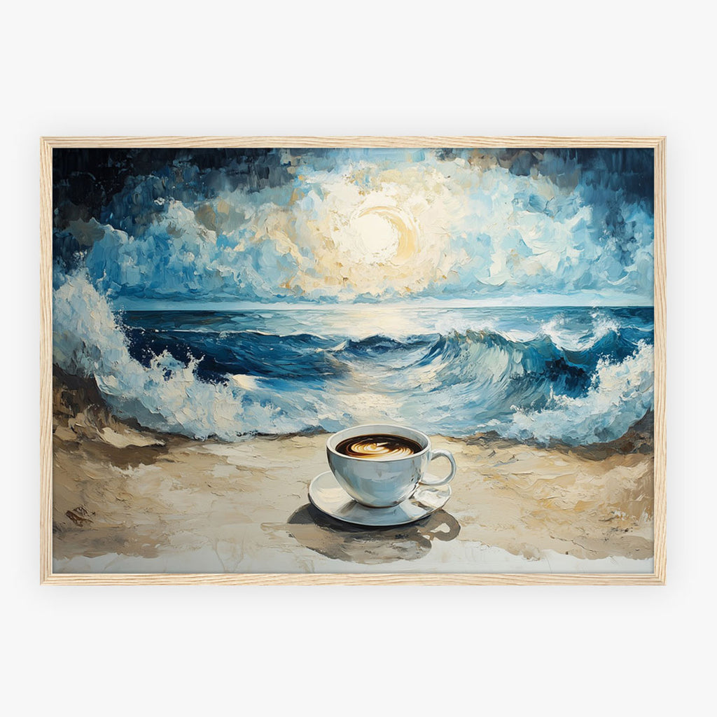 A4 Poster Landscape - Whimsical beach poster with coffee cup and peaceful ocean landscape