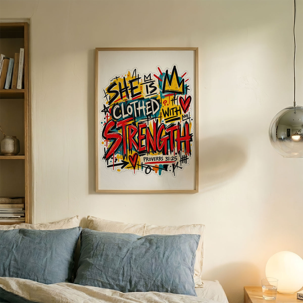 A-Sized Bedroom Portrait - Full composition showing Bible verse Proverbs 31:25 in street art calligraphy with mixed colour sp