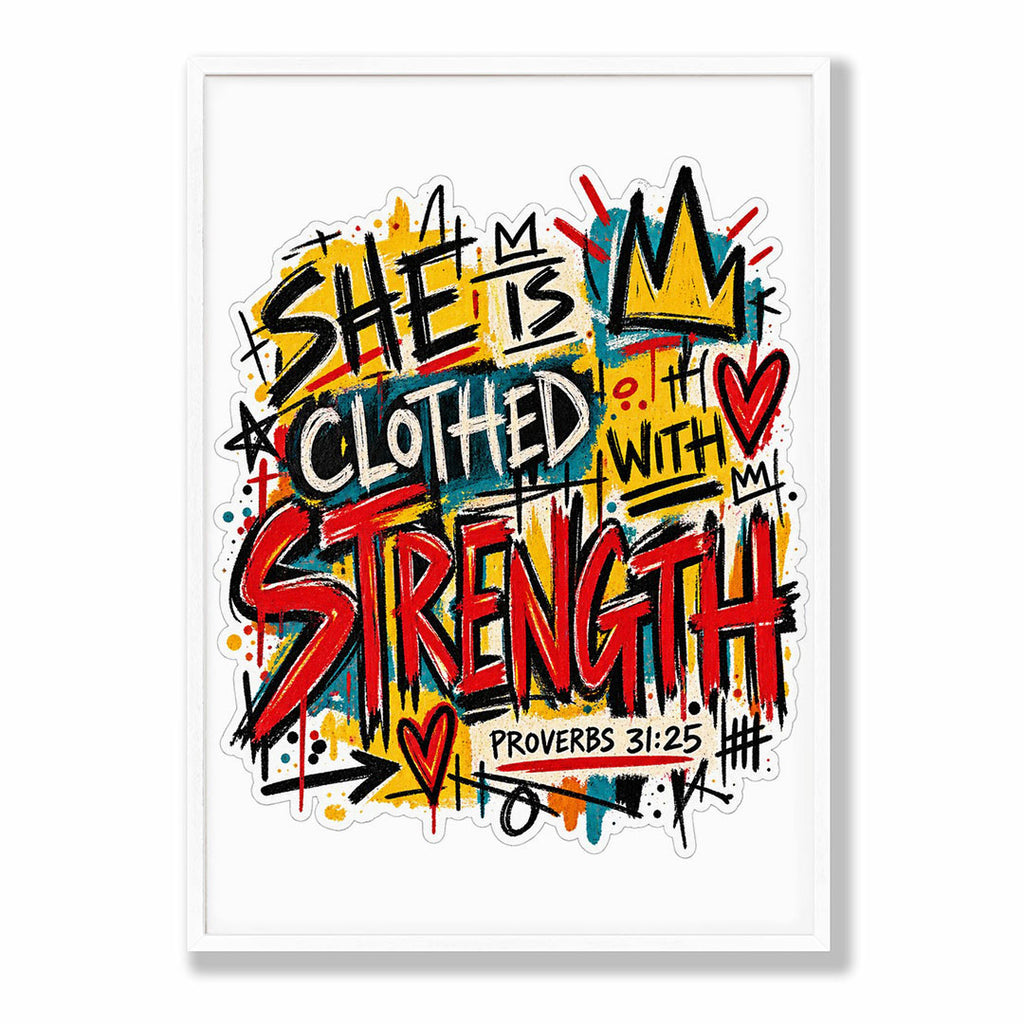 A-Sized Bedroom Portrait - Contemporary faith poster with layered yellow, teal, and red abstract elements behind text
