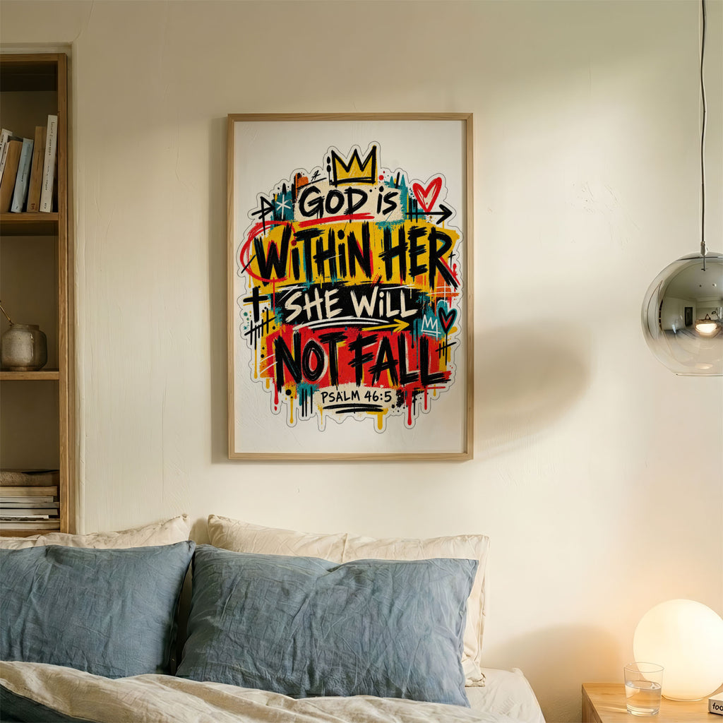 A4 Bedroom Portrait - Framed spiritual print with yellow, red, and teal paint strokes