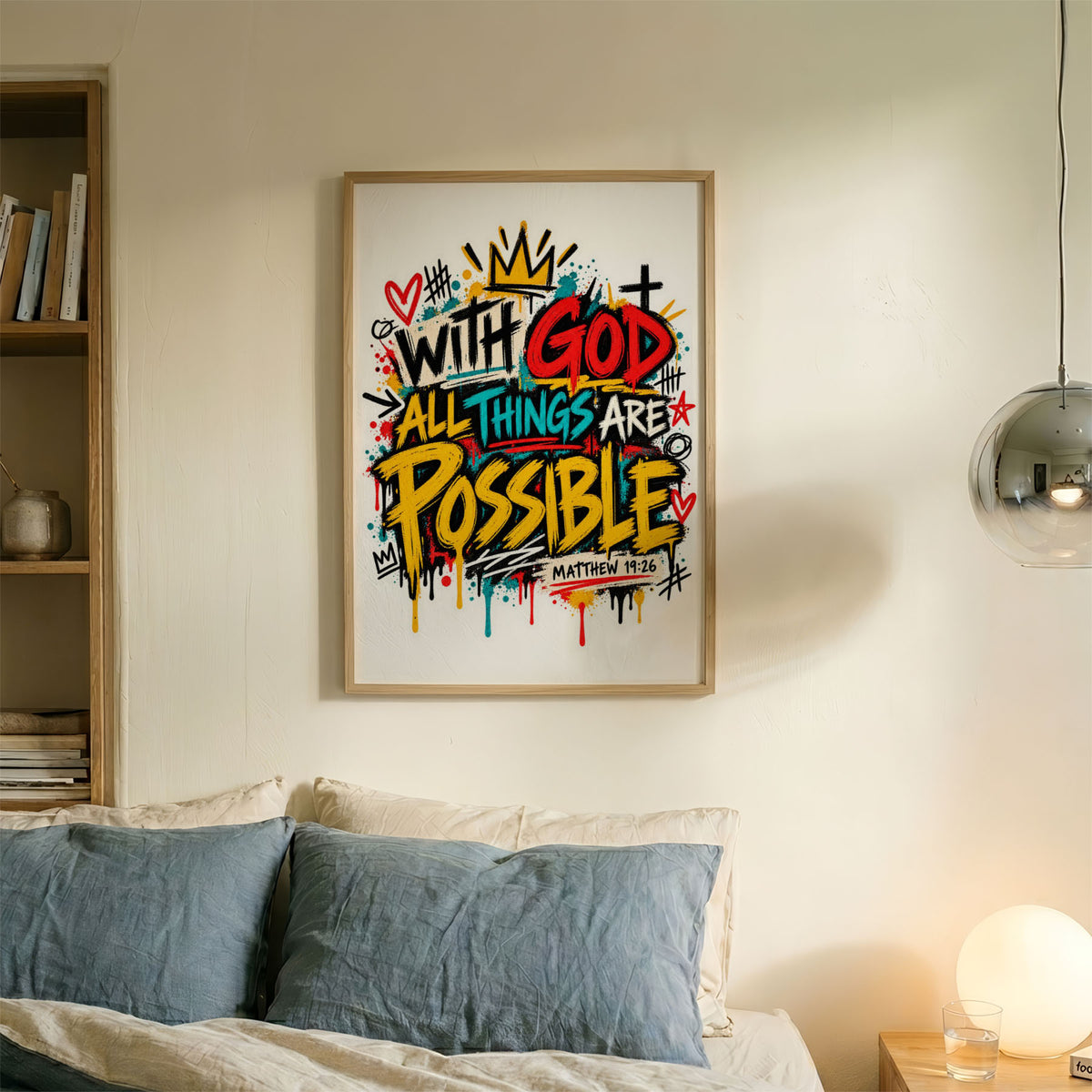 A-Sized Bedroom Portrait - Striking motivational art combining typography, splatter effects and religious symbols