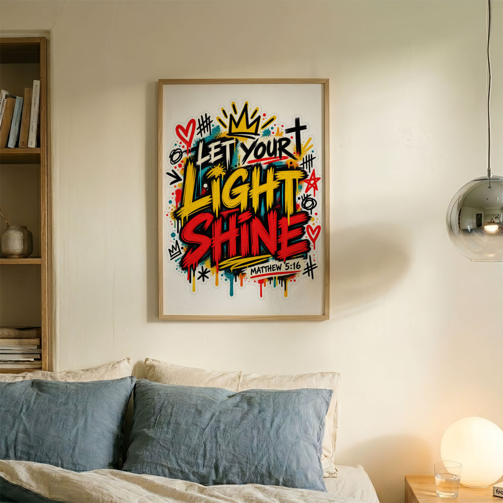 A-Sized Bedroom Portrait - Inspirational artwork with crown motif and scattered paint splatters in blue, yellow, and red tone