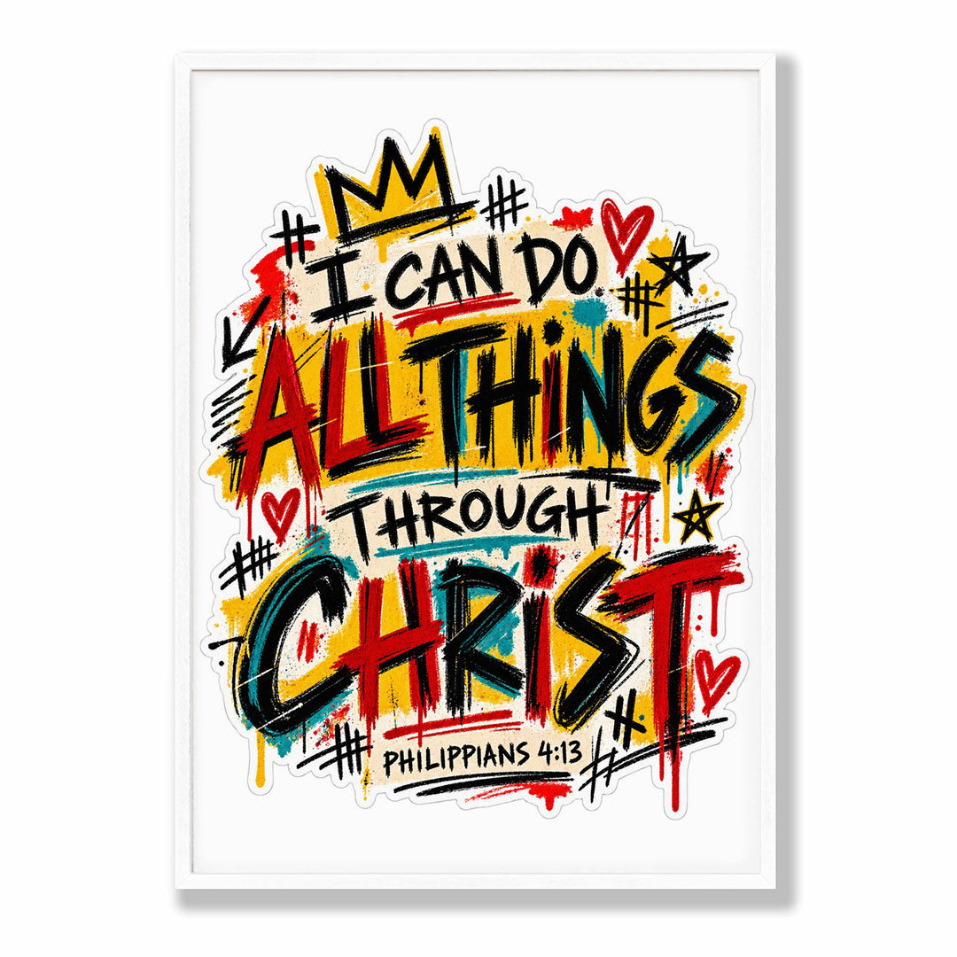 A4 Bedroom Portrait - Scripture print featuring dynamic graffiti lettering with red, yellow, teal and black colour palette