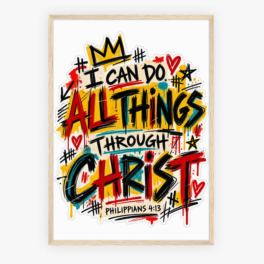 A4 Bedroom Portrait - Motivational bedroom decor poster with Philippians 4:13 reference and contemporary street art aesthetic