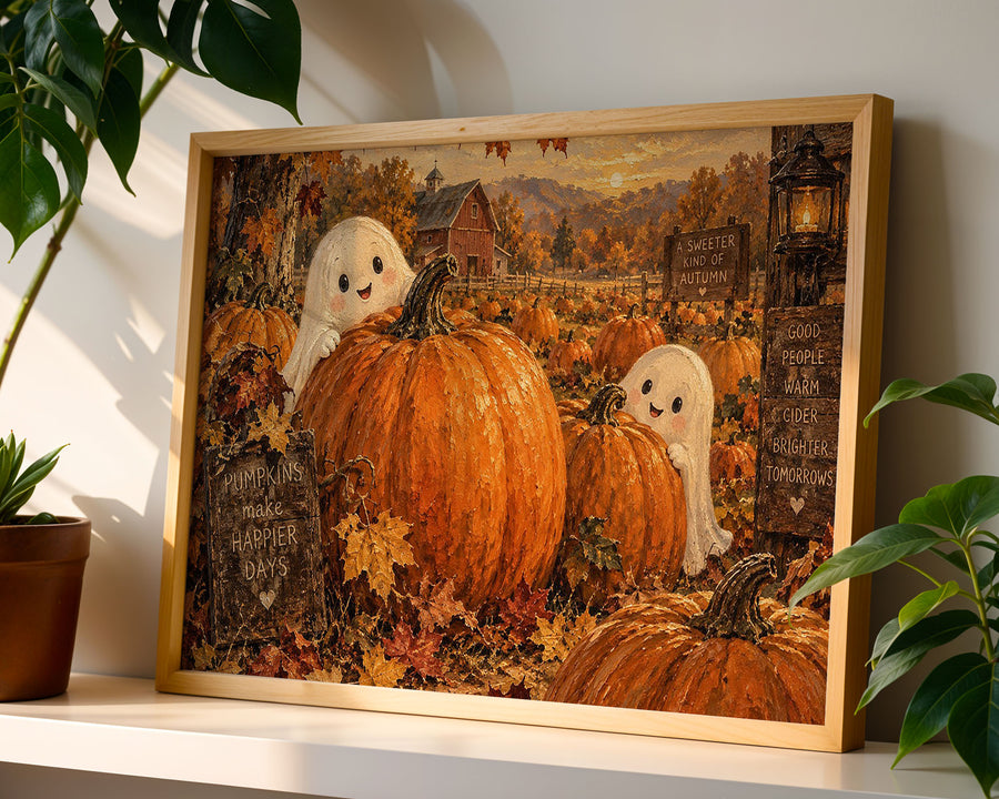 A-Sized Poster Landscape - Cute white ghosts on giant pumpkins in an autumn field with golden leaves