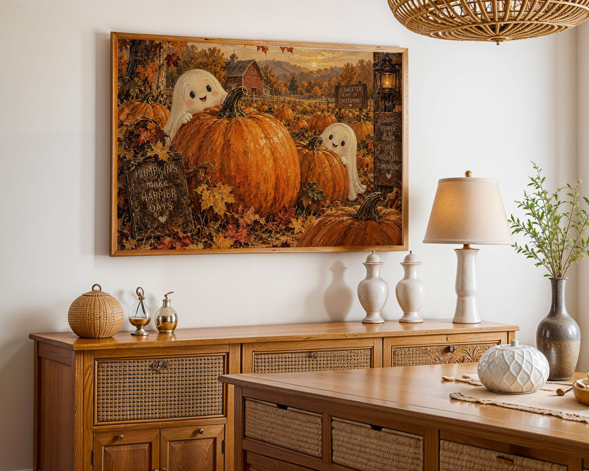 A-Sized Poster Landscape - Ghosts perched on pumpkins with rustic farm barn in autumn background