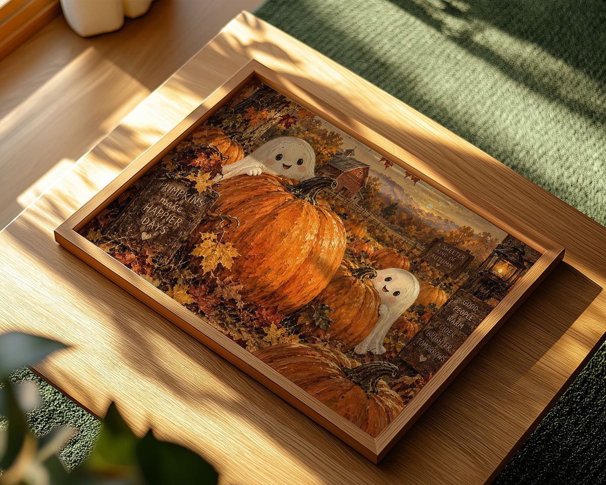 A-Sized Poster Landscape - Cosy autumn harvest scene with cheerful ghosts and handwritten fall quotes