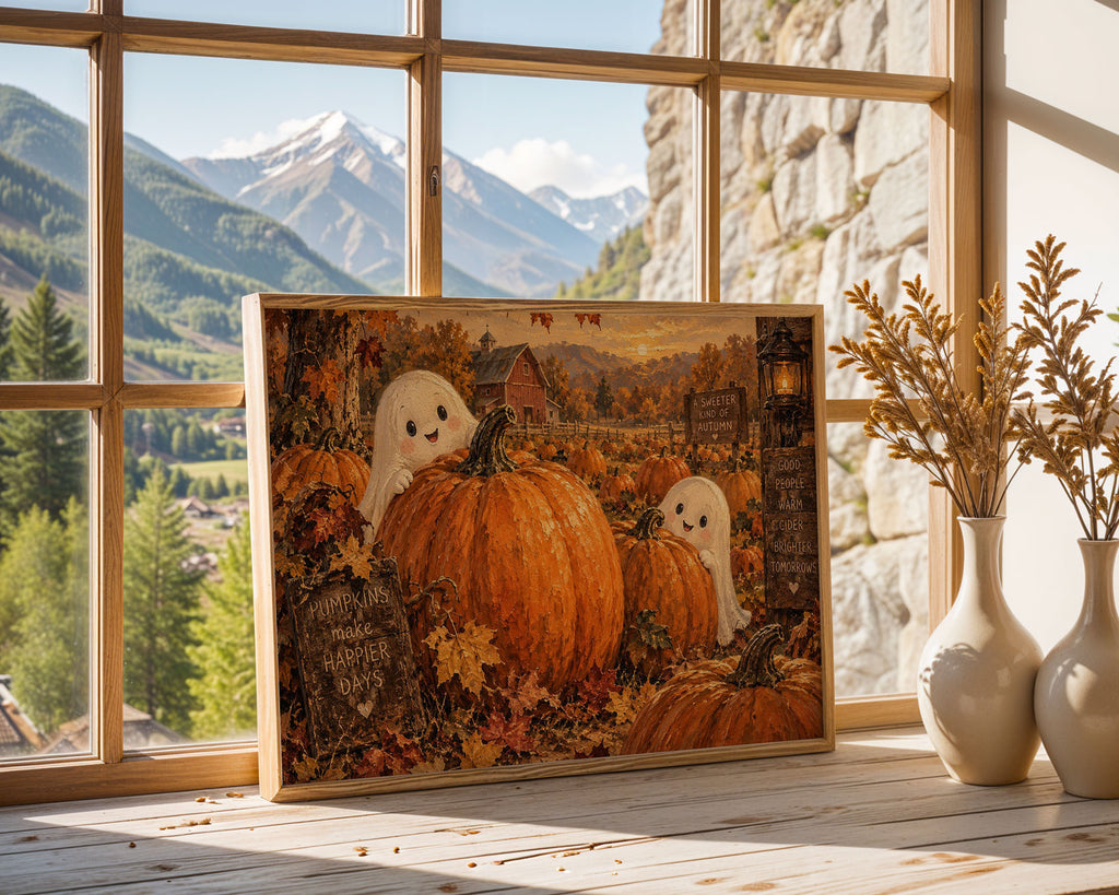 A-Sized Poster Landscape - Pumpkin patch artwork with maple leaves and warm golden sunset tones