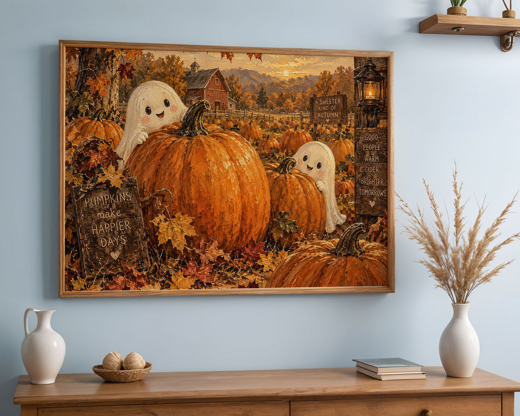 A-Sized Poster Landscape - Autumn countryside with ghosts, pumpkins, lantern and rustic wooden signs