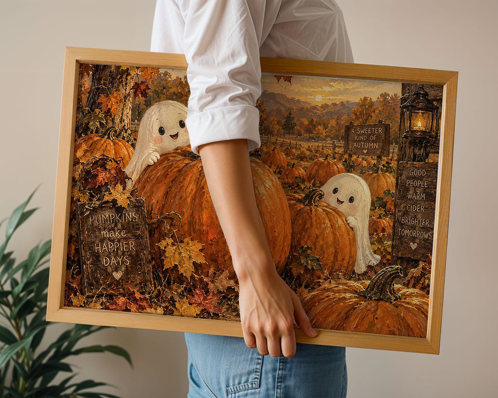 A-Sized Poster Landscape - Whimsical fall harvest painting with smiling ghost characters on pumpkins