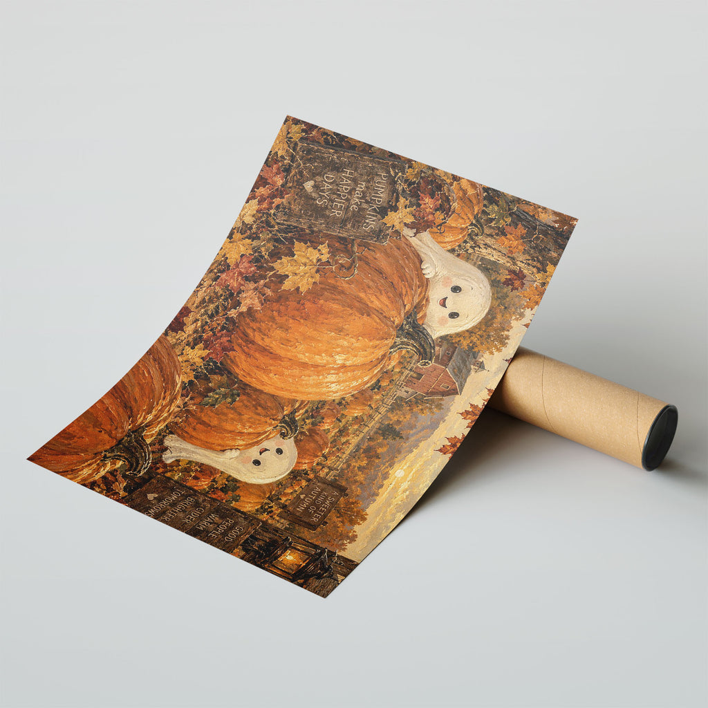 A-Sized Poster Landscape - Seasonal autumn poster featuring ghosts, pumpkins and farmland landscape
