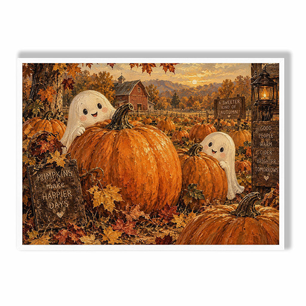 A-Sized Poster Landscape - Cosy pumpkin patch scene with charming ghosts and autumn foliage artwork