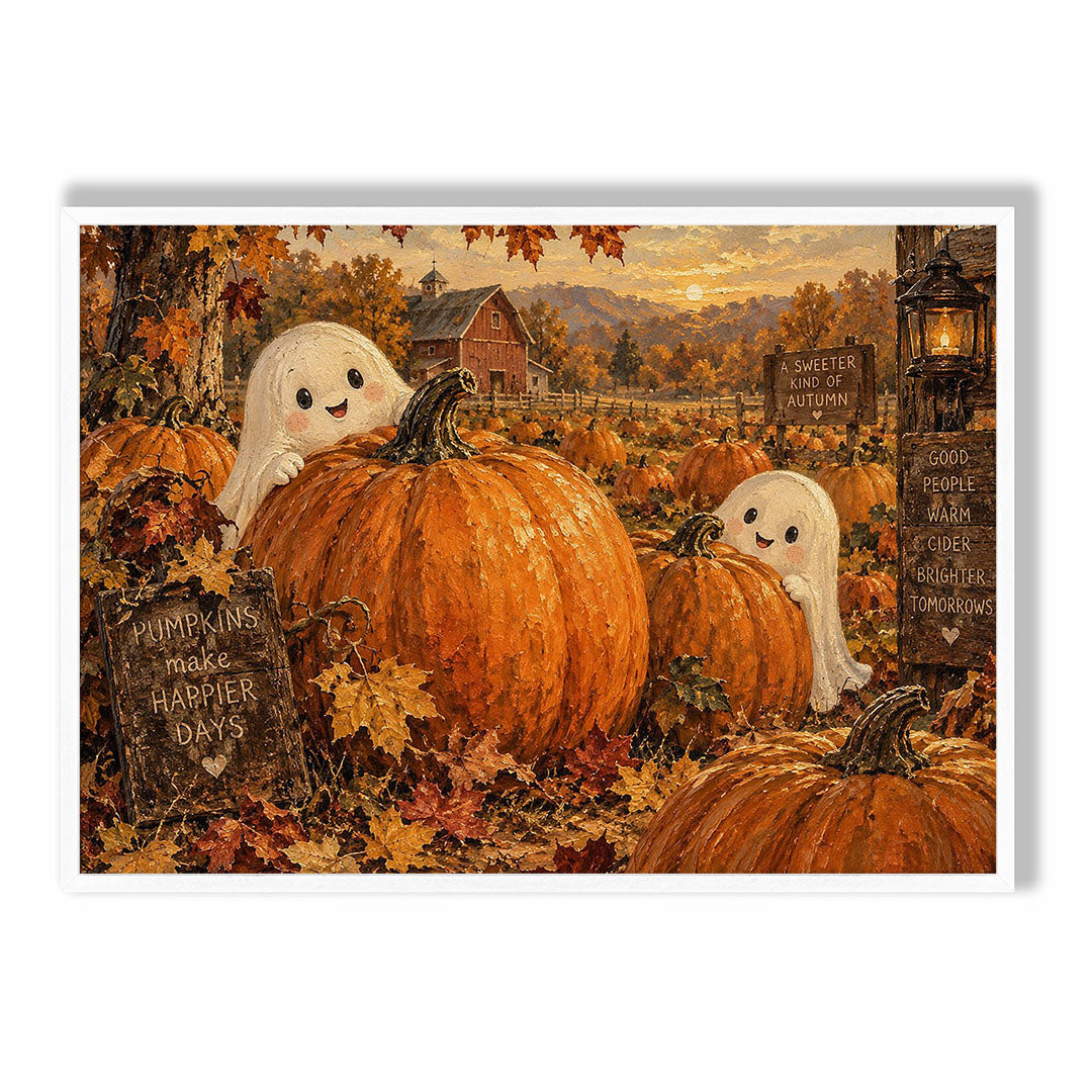 A-Sized Poster Landscape - Cosy pumpkin patch scene with charming ghosts and autumn foliage artwork