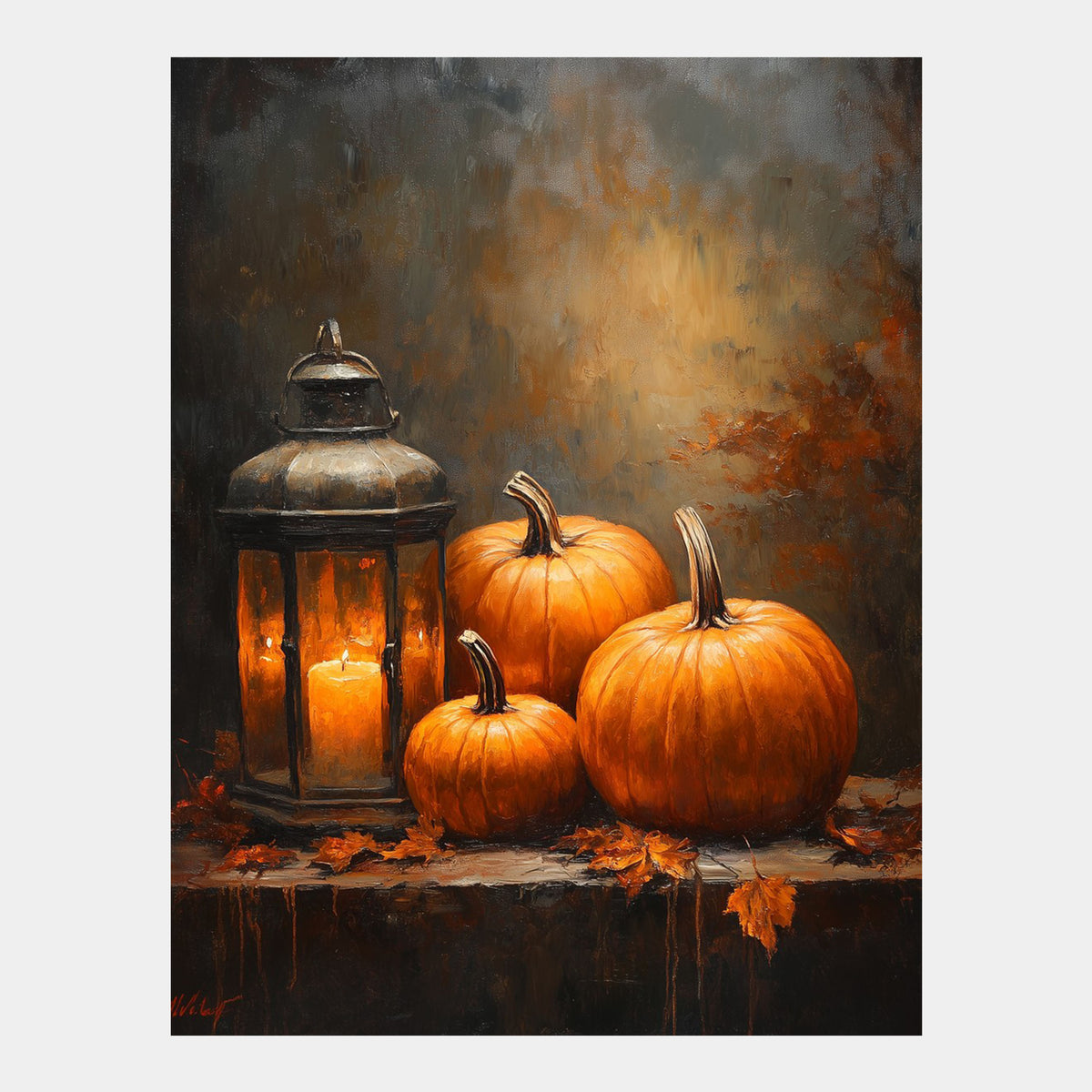 PP-EAM-30x40-CM poster - Three orange pumpkins and lantern with candle on dark autumn background