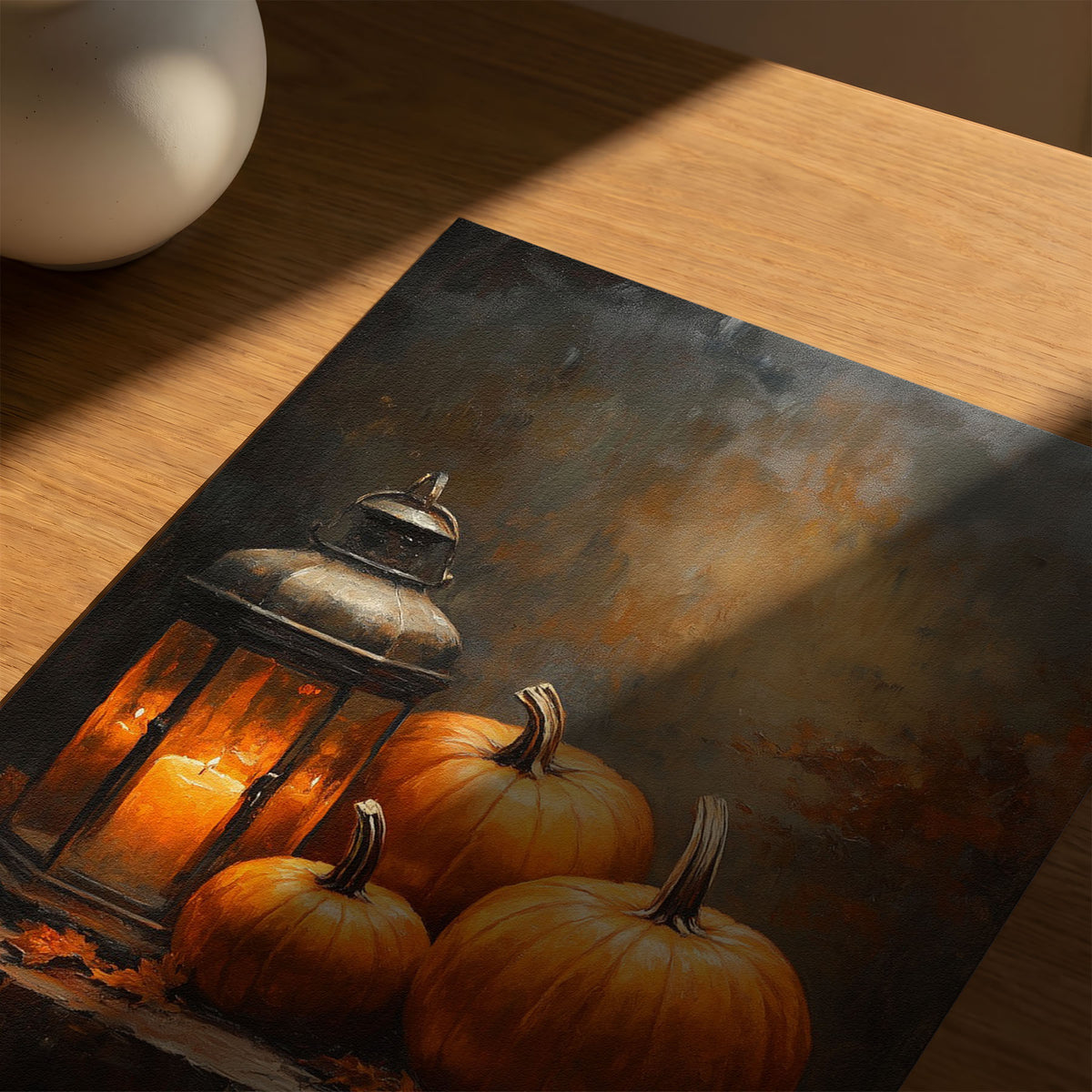 PP-EAM-30x40-CM poster - Warm-toned pumpkin and lantern still life artwork with fallen leaves