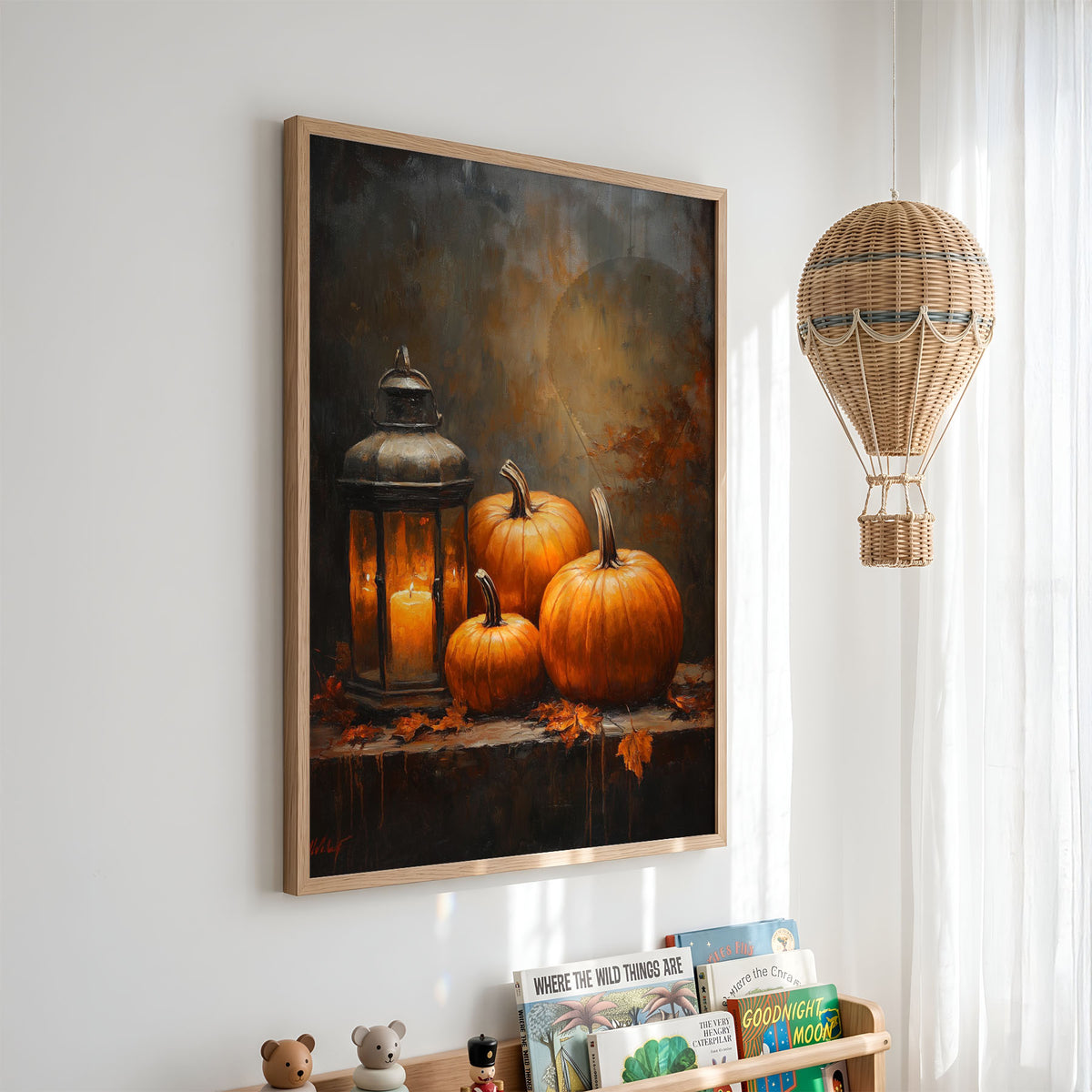 PP-EAM-30x40-CM framed print - Harvest scene with glowing pumpkins and vintage lantern in black frame