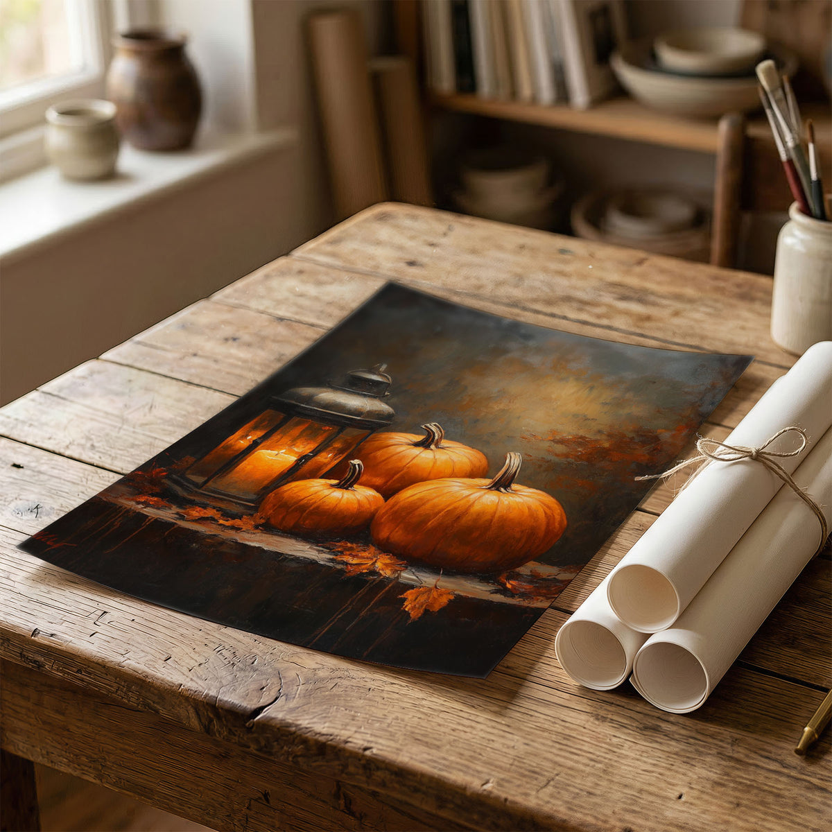 PP-EAM-30x40-CM framed print - Cosy autumn still life with golden pumpkins and candlelit lantern