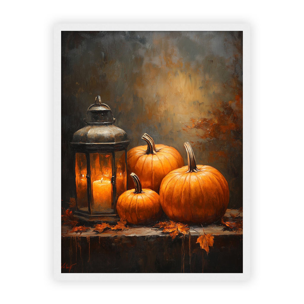 PP-EAM-30x40-CM framed print - Seasonal pumpkin and lantern artwork with textured moody background