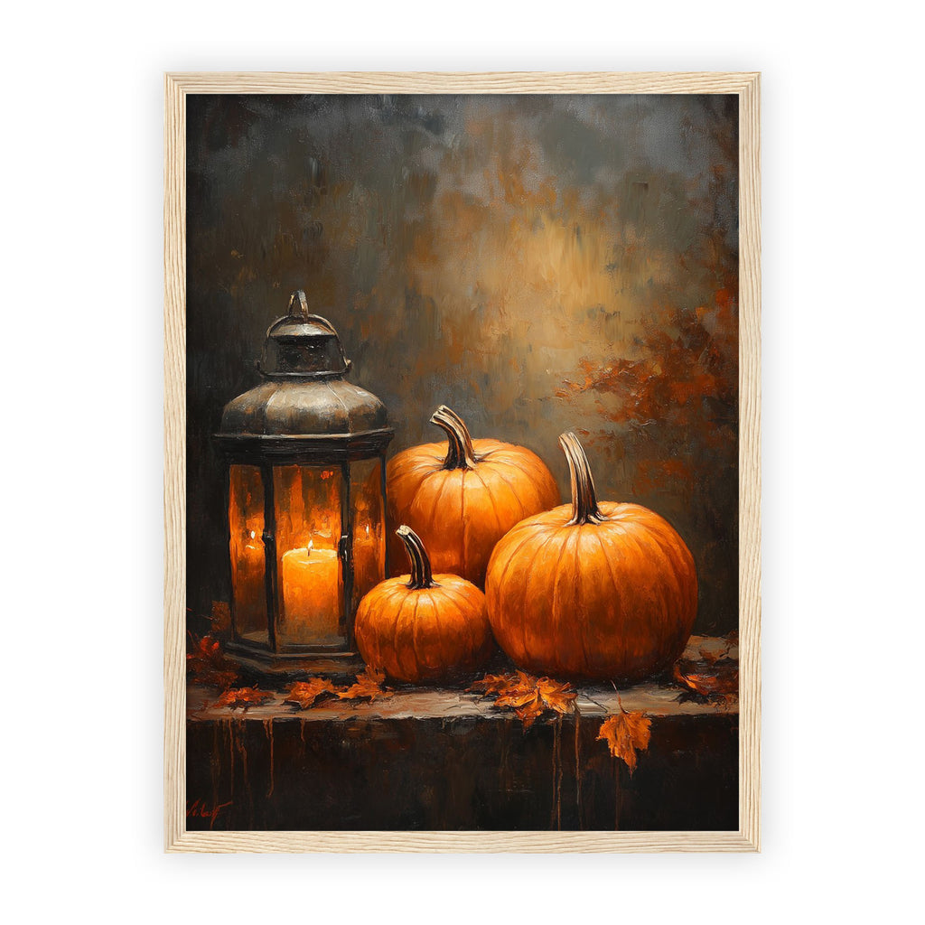 PP-EAM-30x40-CM framed print - Warm golden pumpkins and glowing lantern on rich autumn-toned backdrop