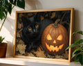 A-Sized Poster Landscape - Black cat with golden eyes beside glowing jack-o'-lantern among autumn leaves
