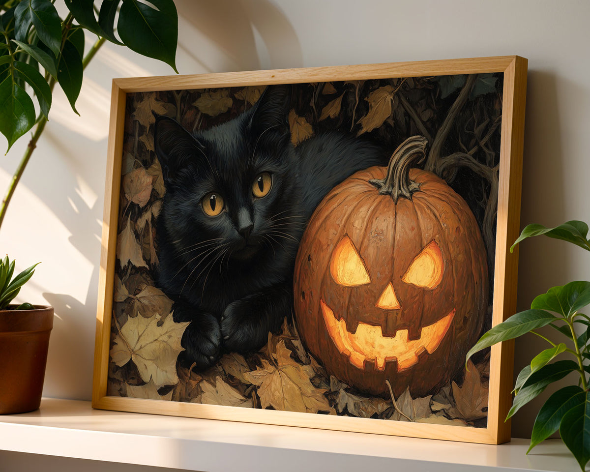 A-Sized Poster Landscape - Black cat with golden eyes beside glowing jack-o'-lantern among autumn leaves