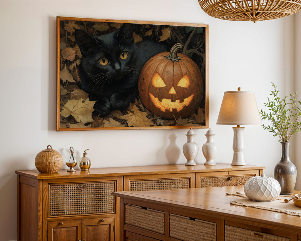 A-Sized Poster Landscape - Black cat and illuminated halloween pumpkin surrounded by dried foliage