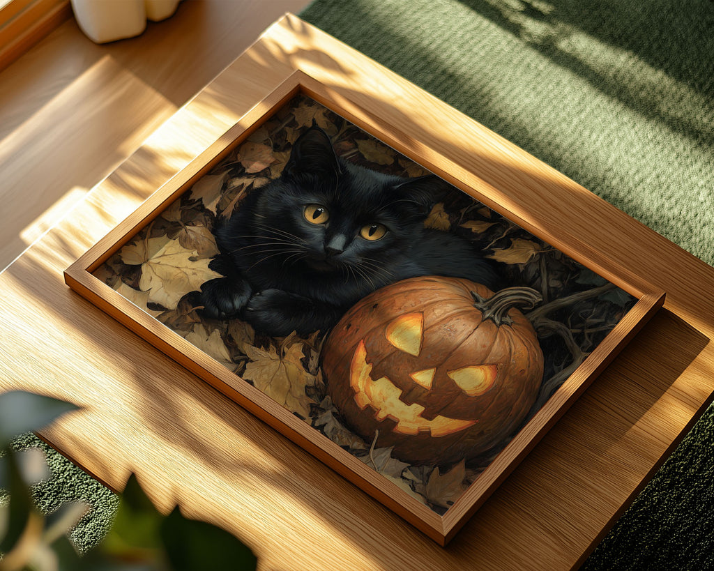 A-Sized Poster Landscape - Detailed artwork of black cat with jack-o'-lantern in fall leaf background