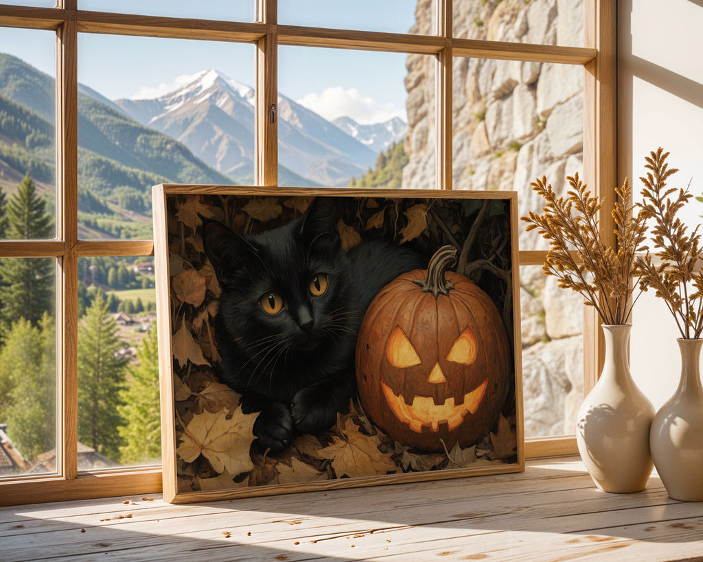 A-Sized Poster Landscape - Halloween scene featuring black cat and carved pumpkin with golden eyes