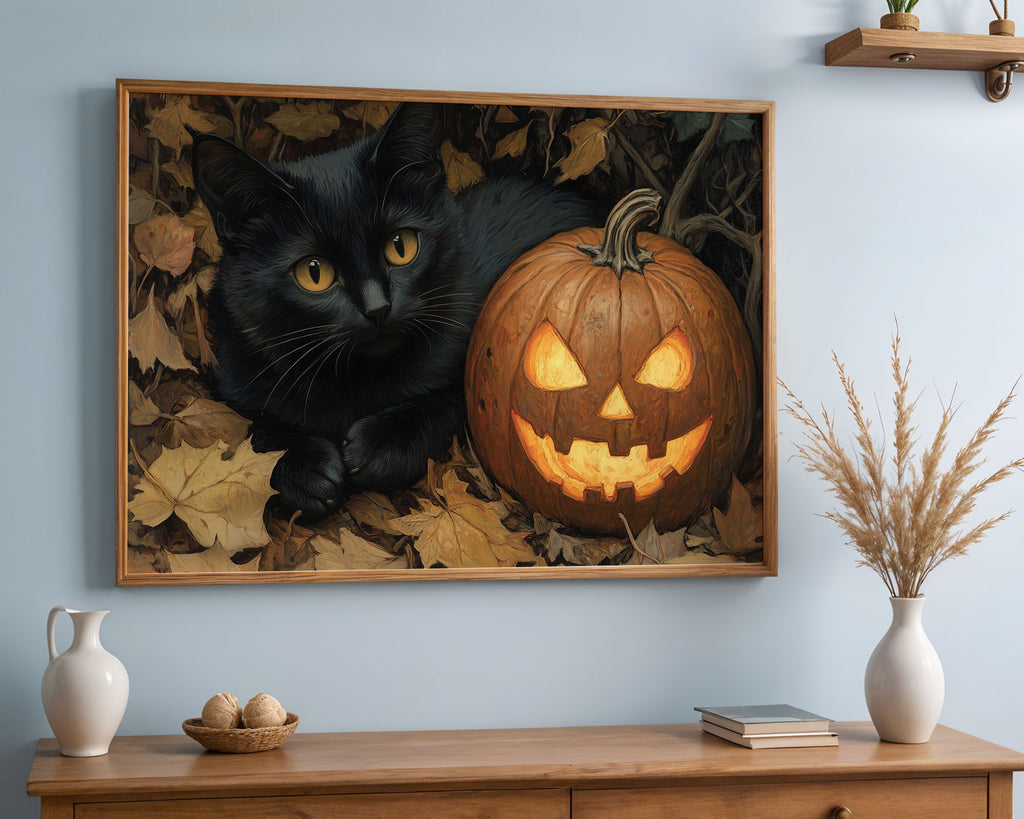 A-Sized Poster Landscape - Black cat portrait beside warm-glowing jack-o'-lantern and autumn leaves