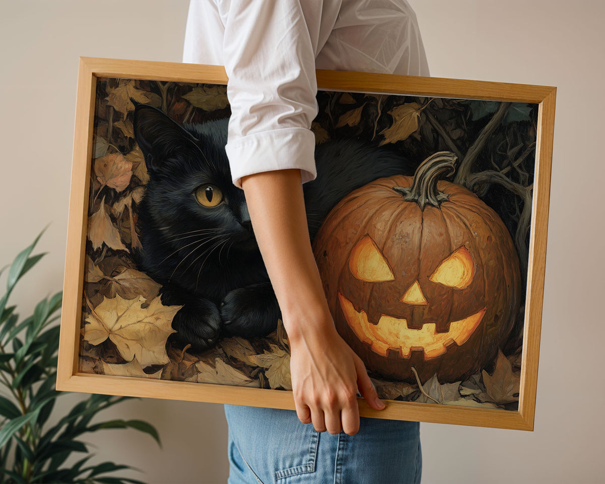 A-Sized Poster Landscape - Spooky autumn artwork with black cat and illuminated halloween pumpkin