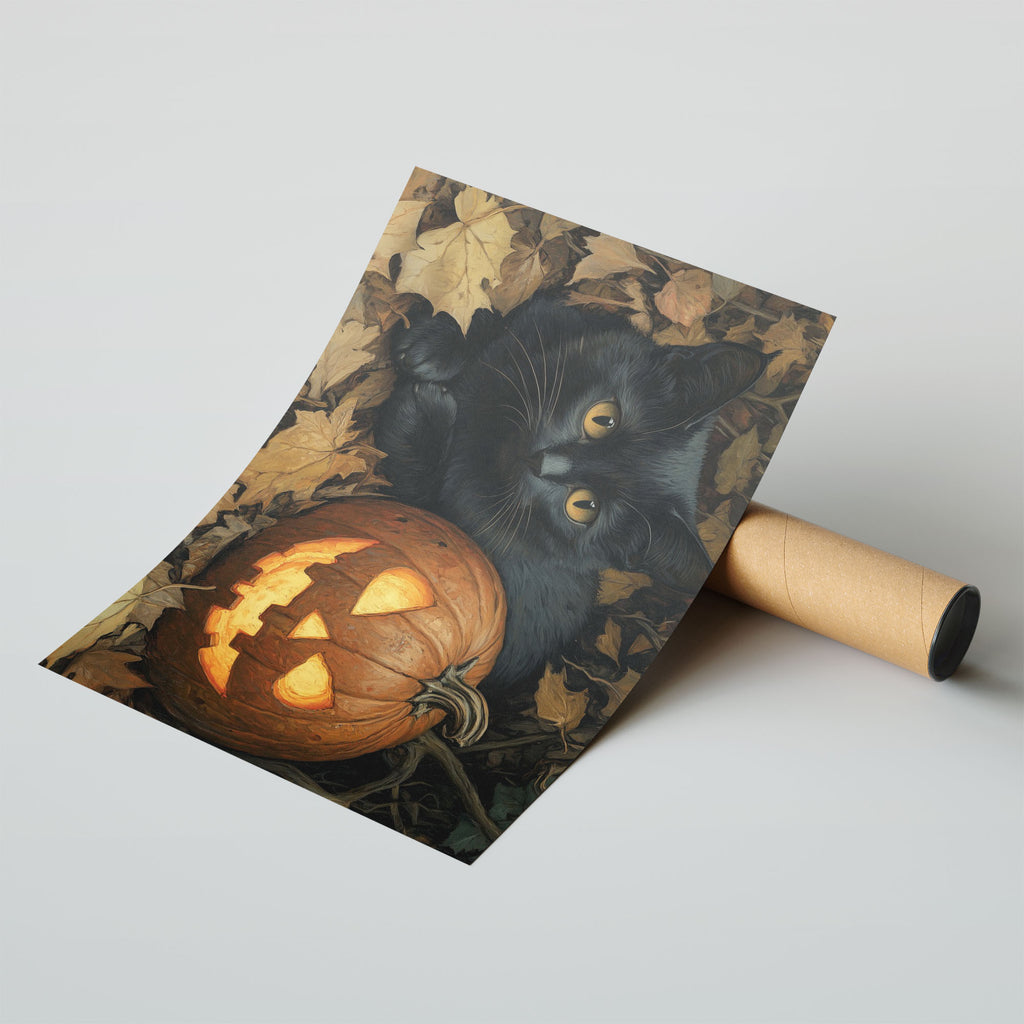 A-Sized Poster Landscape - Black cat with intense gaze next to glowing halloween jack-o'-lantern