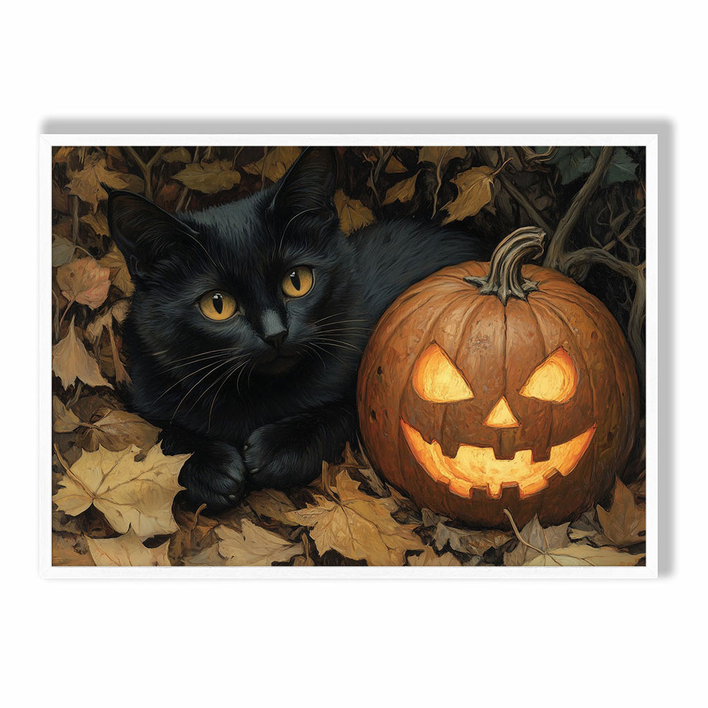 A-Sized Poster Landscape - Seasonal halloween print of black cat and carved pumpkin in leaf setting