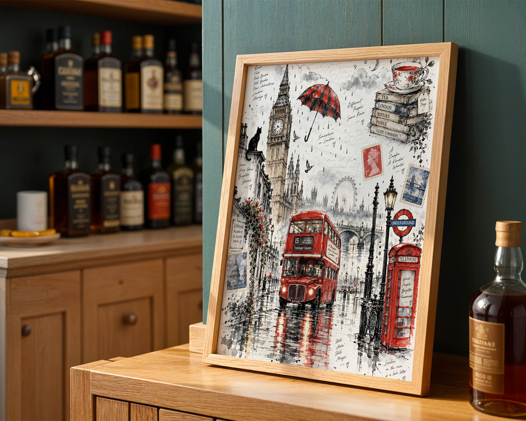 Lifestyle Posters A4 - Rainy London street scene with Big Ben, red double-decker bus and red umbrella