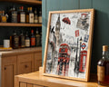 Lifestyle Posters A4 - Rainy London street scene with Big Ben, red double-decker bus and red umbrella
