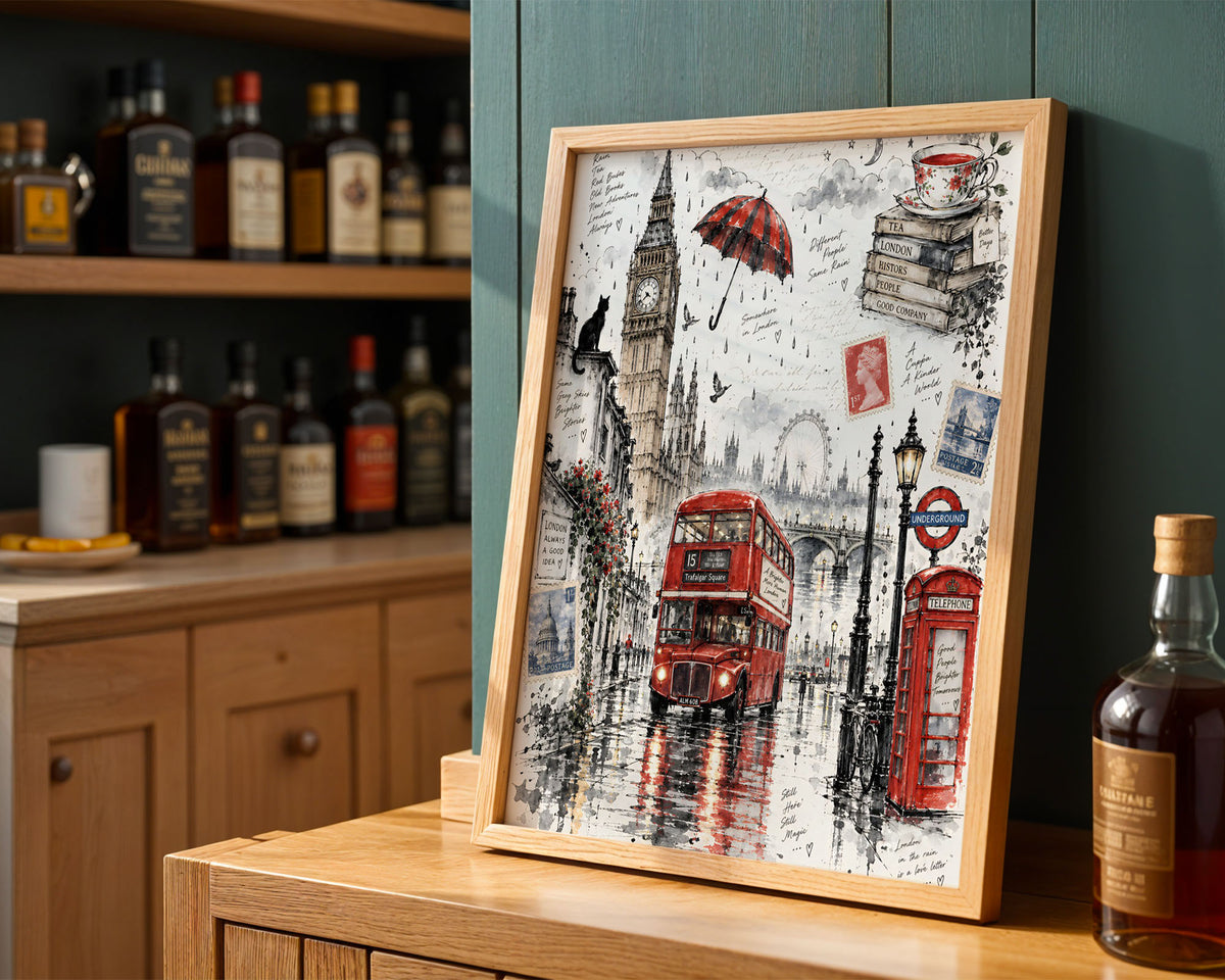 Lifestyle Posters A4 - Rainy London street scene with Big Ben, red double-decker bus and red umbrella