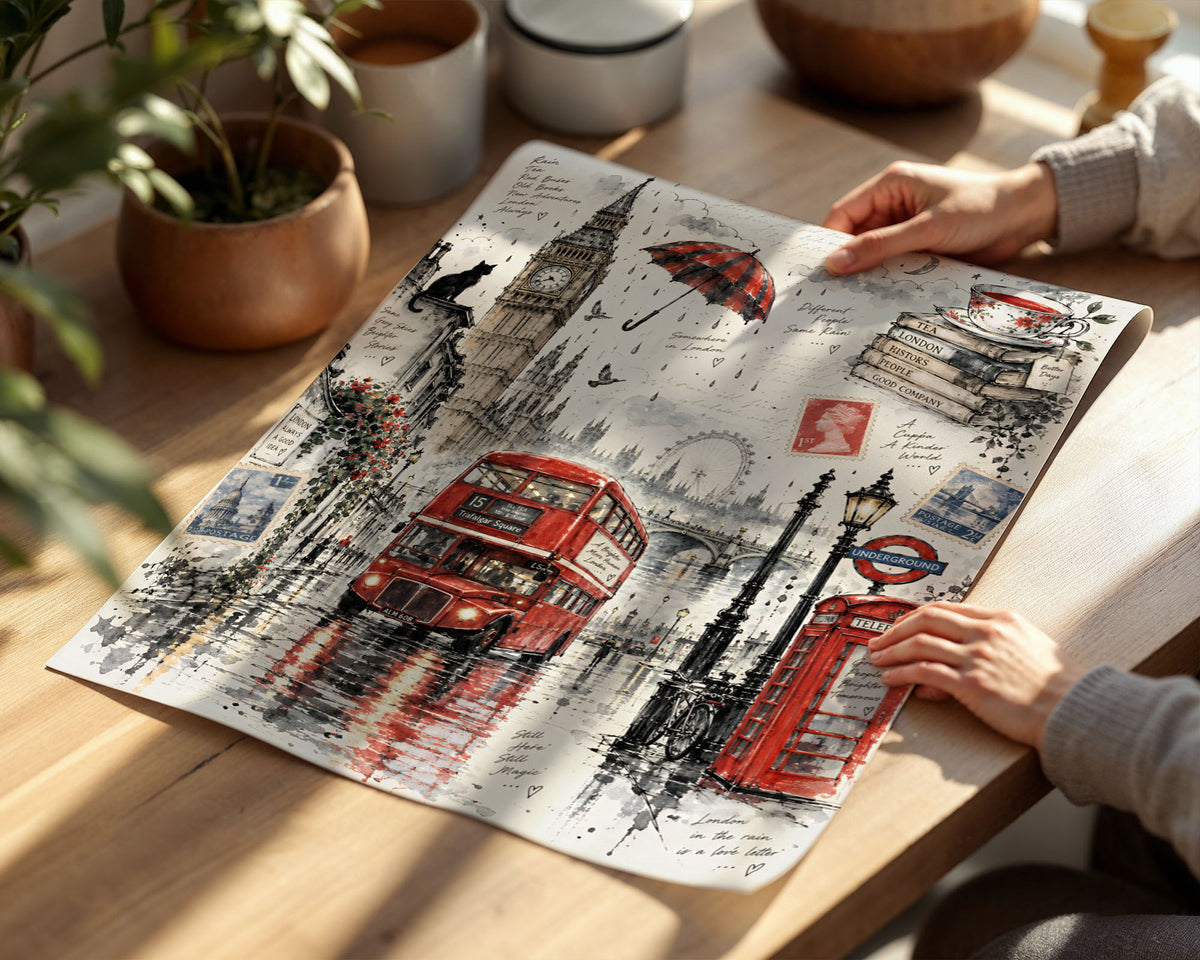 Lifestyle Posters A4 - Vintage London illustration featuring telephone box, steaming tea cup and stacked books