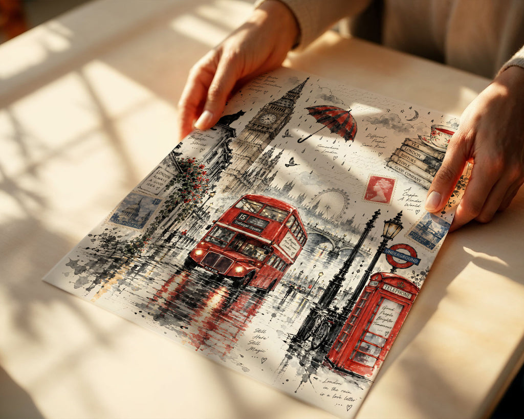 Lifestyle Posters A4 - Romantic London poster showing Big Ben clock tower in grey watercolour style