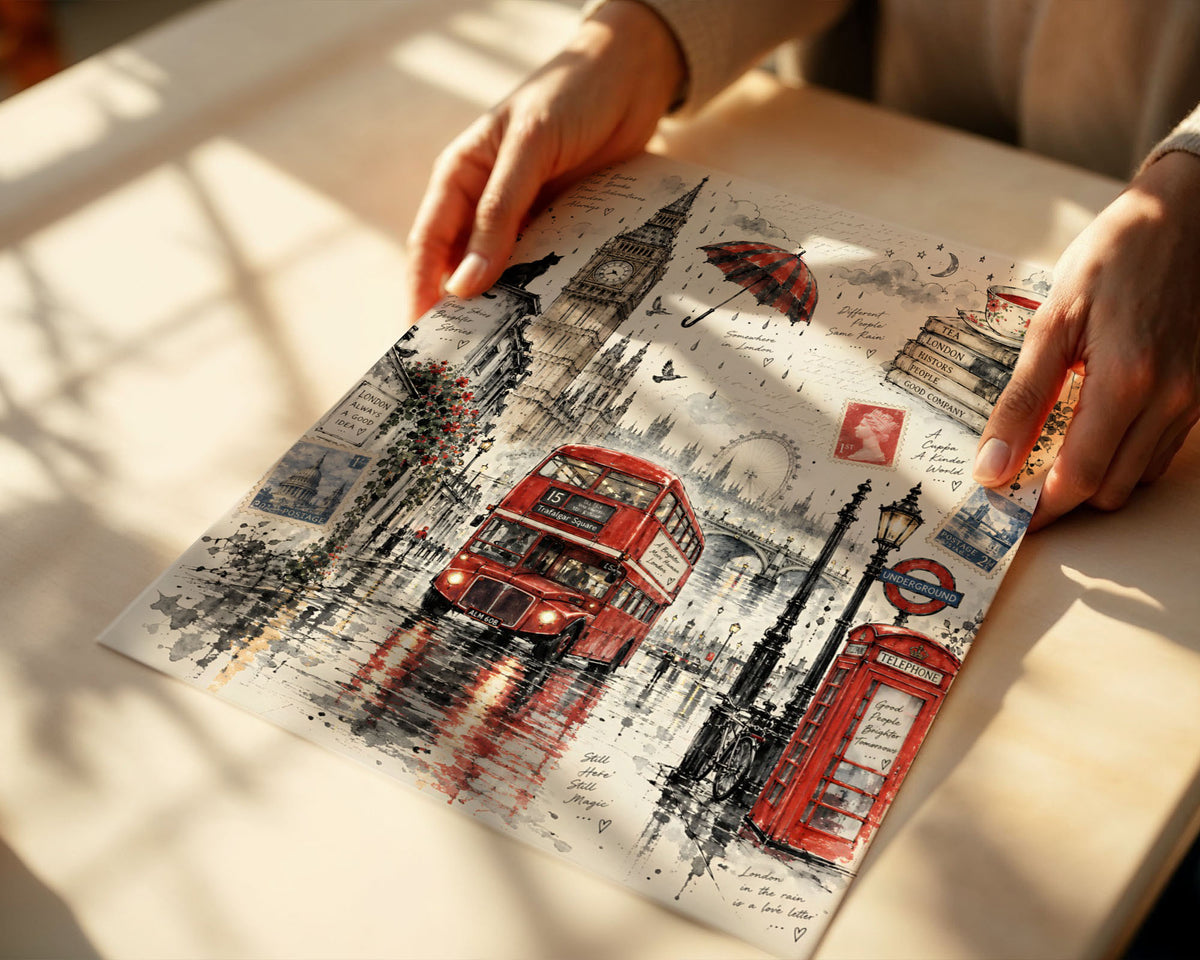 Lifestyle Posters A4 - Romantic London poster showing Big Ben clock tower in grey watercolour style