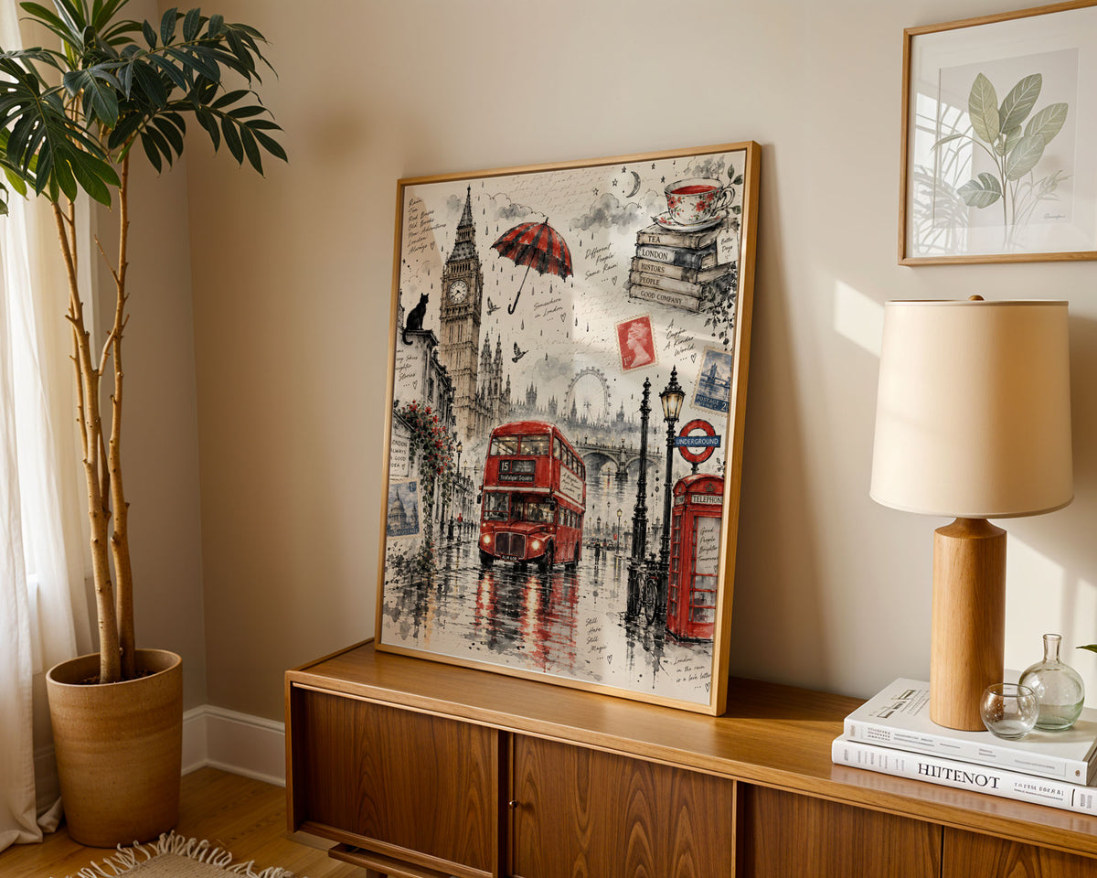 Lifestyle Posters A4 - London cityscape print with red postal stamps and Underground logo details