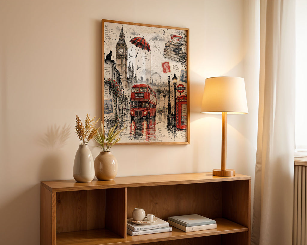 Lifestyle Posters A4 - Whimsical London art featuring black cat on rooftop and raindrop elements