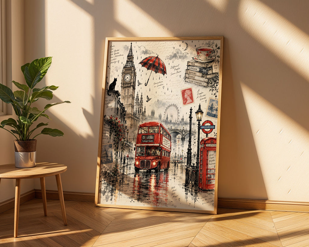 Lifestyle Posters A4 - British wall art combining iconic red buses, phone boxes and vintage postage stamps