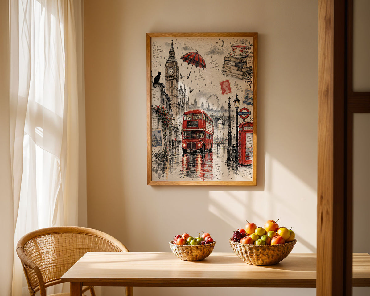 Lifestyle Posters A4 - Literary-themed London poster with book stack and handwritten nostalgic text
