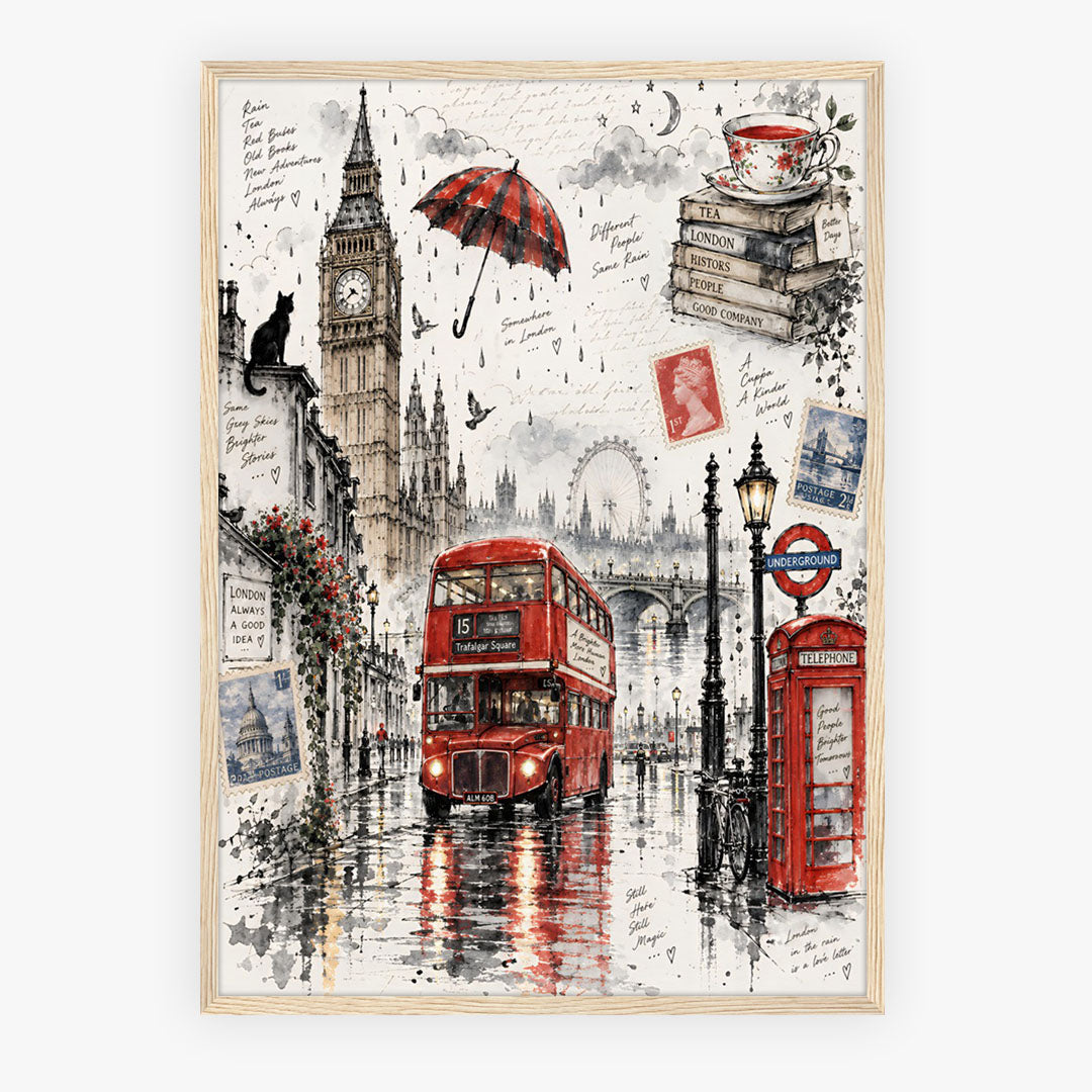 Lifestyle Posters A4 - Rain-soaked London scene with reflections and soft monochrome illustration style