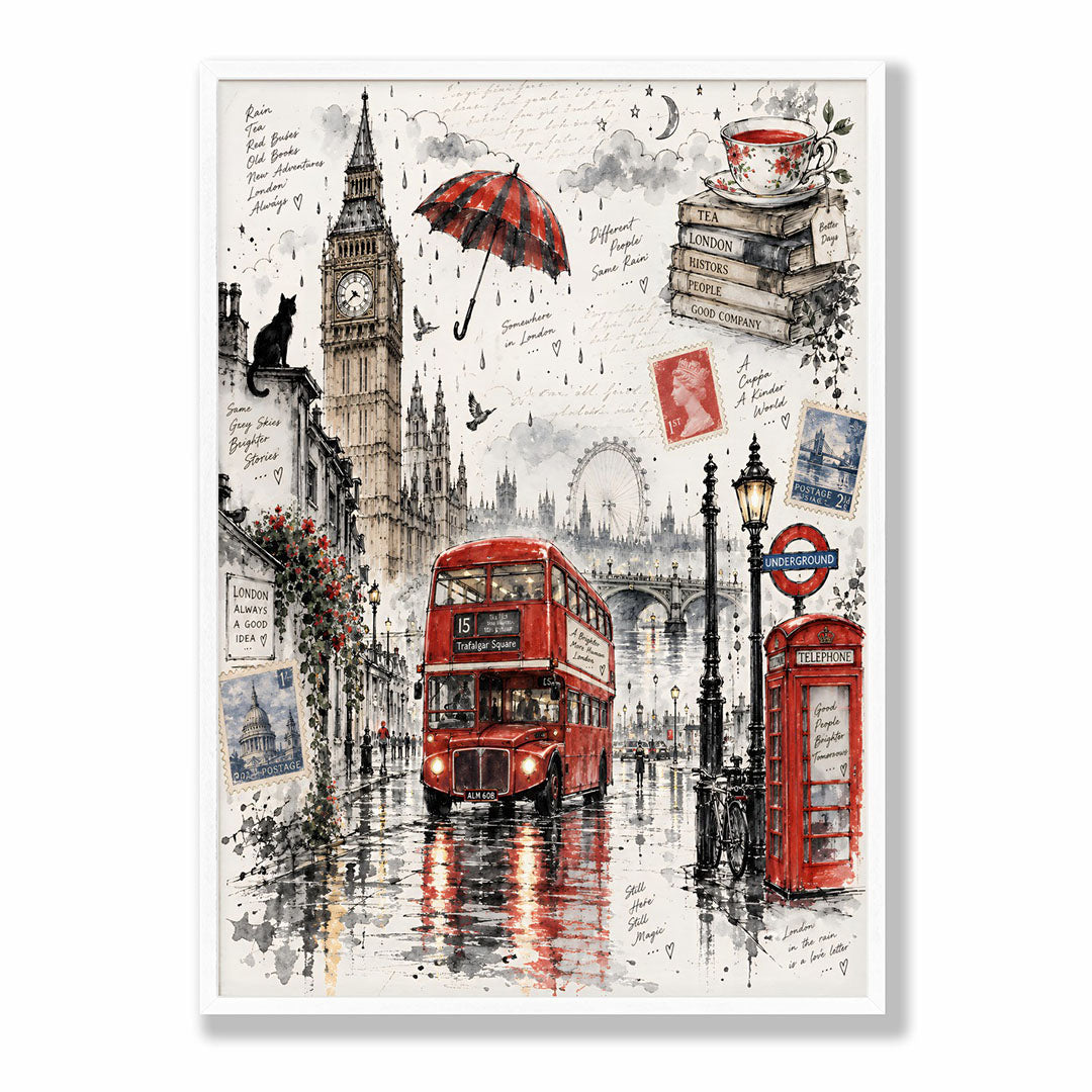 Lifestyle Posters A4 - Aesthetic London home decor print combining architecture, transport and British symbols