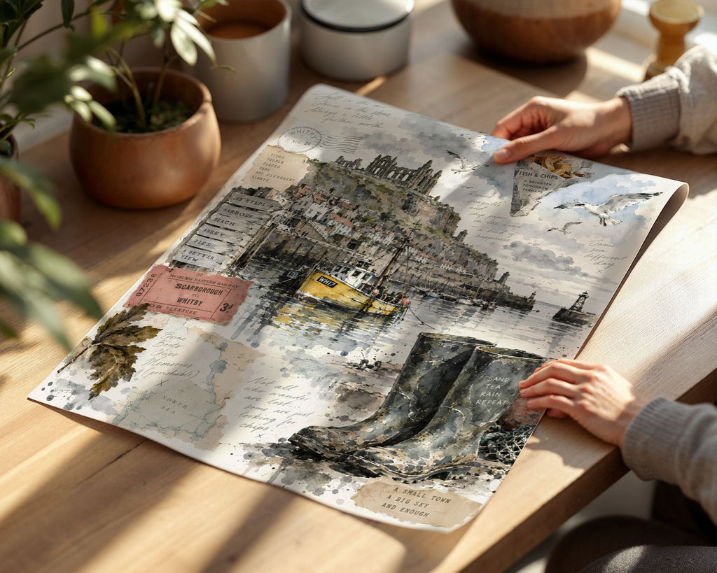 Lifestyle Posters A4 - Vintage-style Whitby print showing abbey and fishing boats with handwritten text