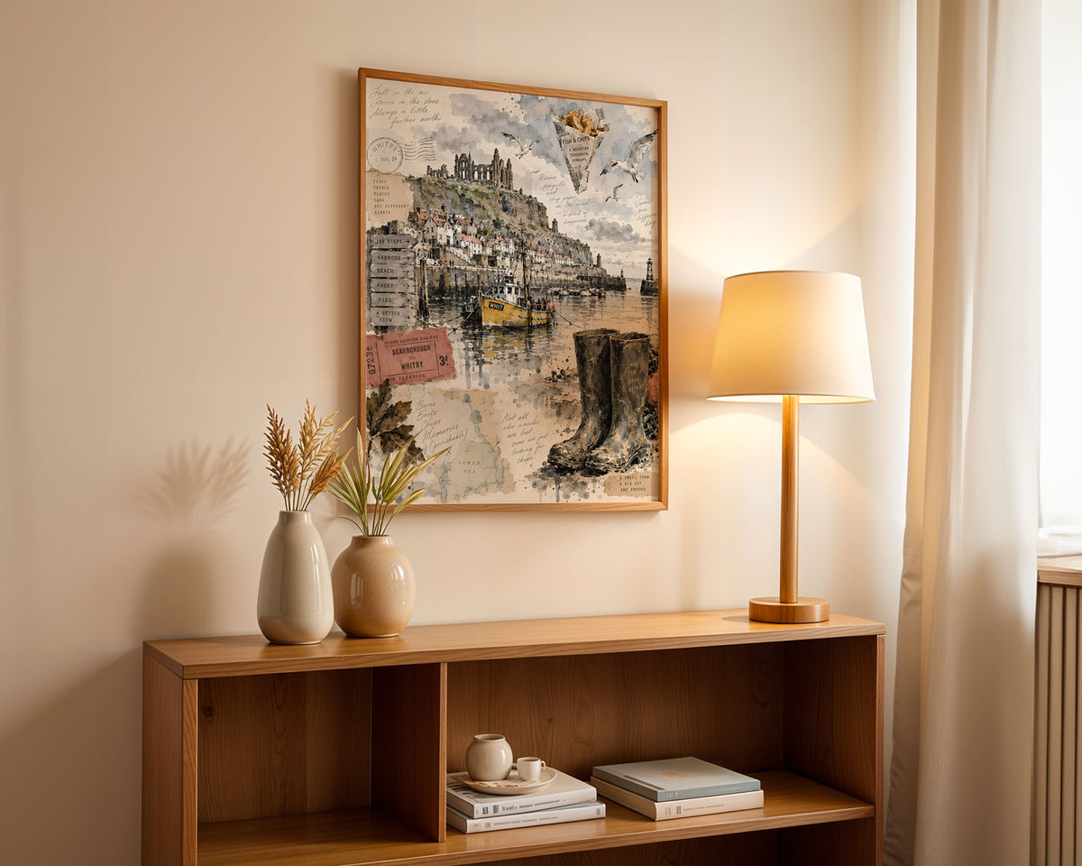 Lifestyle Posters A4 - Whitby artwork framed and hung in minimalist bedroom setting